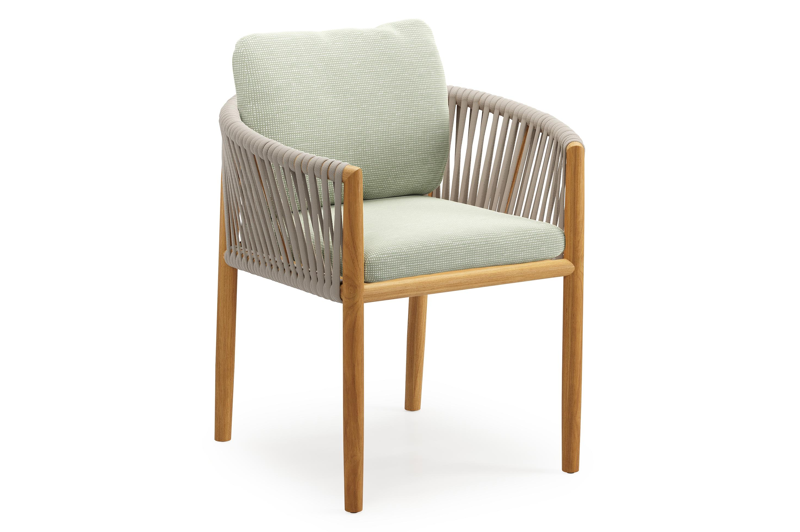 Organo tuinstoel in teak en beige verticaal geweven luxe vlakke rope met zitkussen in All Weather Sunbrella® Luxe Slow Spirea