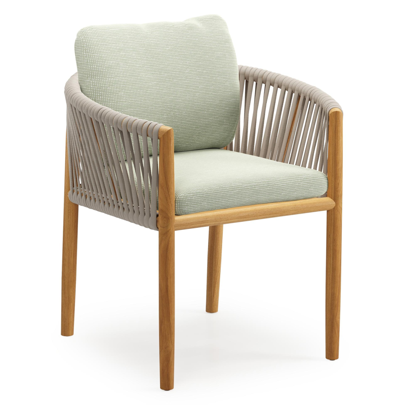 Organo tuinstoel in teak en beige verticaal geweven luxe vlakke rope met zitkussen in All Weather Sunbrella® Luxe Slow Spirea