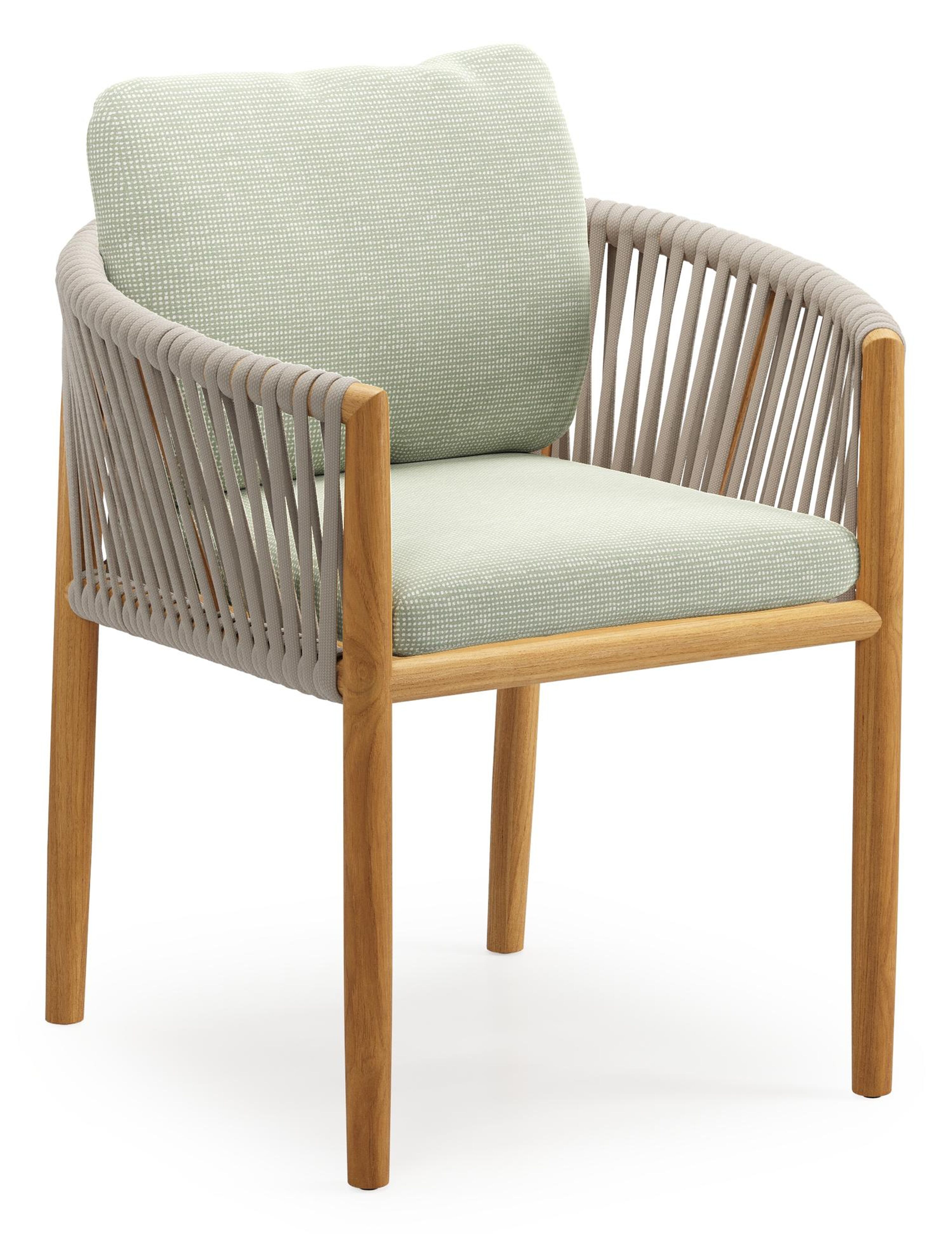 Organo tuinstoel in teak en beige verticaal geweven luxe vlakke rope met zitkussen in All Weather Sunbrella® Luxe Slow Spirea