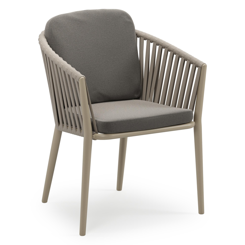 Chaise de jardin empilable Orso en aluminium beige et corde large plate de luxe tissée verticalement beige avec coussin en All Weather Sunbrella® Luxe Natte Dark Taupe