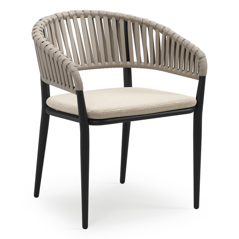 Tolfa stapelbare tuinstoel in zwart aluminium en beige verticaal geweven luxe vlakke brede rope met stoelkussen in All Weather Cosytica Althea Chalk