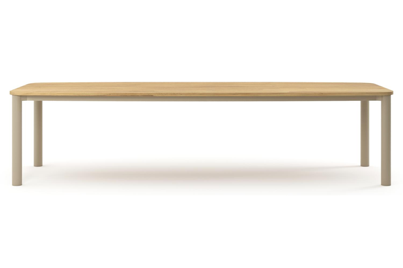 Table de jardin Orso forme de bateau en aluminium beige et teck - Lg. 315 x Lrg. 115 x Haut. 74.5 cm