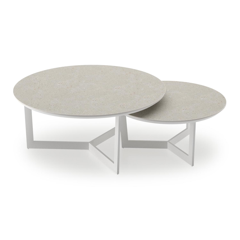 Lacrima loungetafels in wit aluminium en shilin volkeramiek - Dia. 85/65 x H 35/30 cm