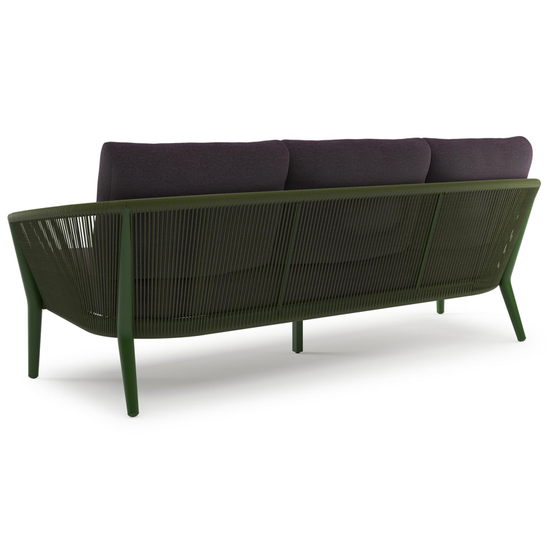 Orso loungebank in groen aluminium en groen verticaal geweven ronde rope met Tundra Red all weather sunbrella® luxe kussen