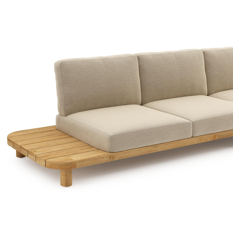 Salon de jardin d'angle Donato en teck et corde ronde tissée verticalement beige et coussins en all weather cosytica Althea Camel