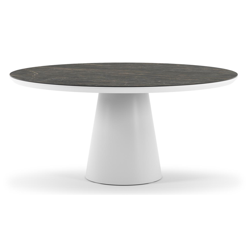 Table de jardin Donato ronde en aluminium blanc et céramique pleine Black Obsession - Diam. 148 x Haut. 75 cm