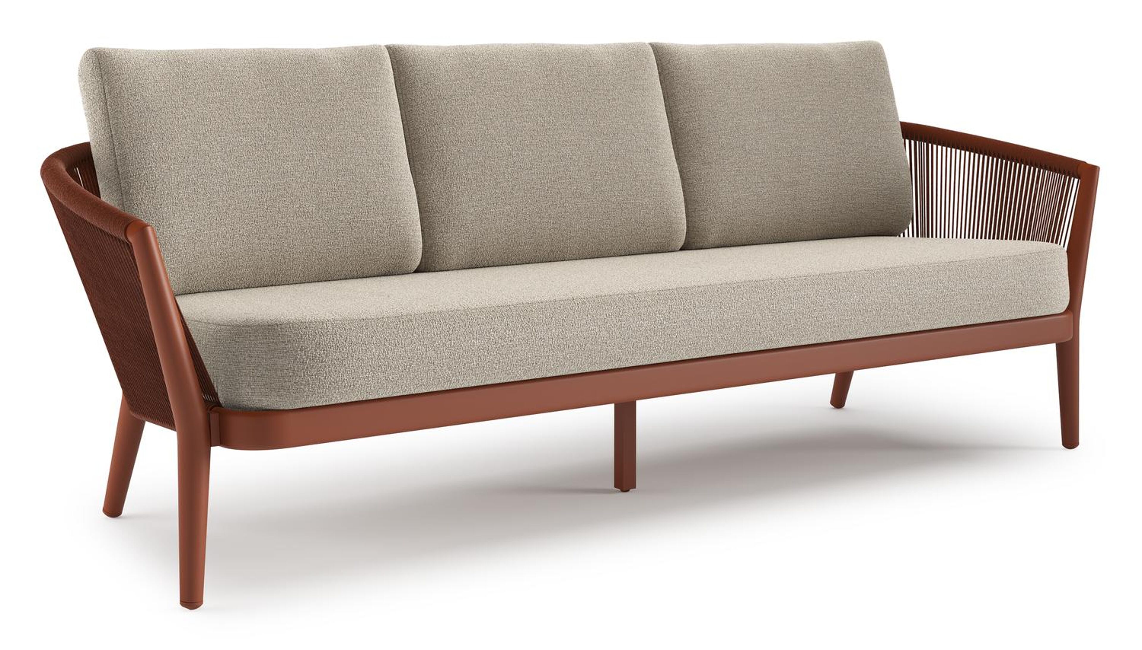 Orso loungebank in roestbruin aluminium en roestbruin verticaal geweven ronde rope met Catania Greige all weather cosytica kussen