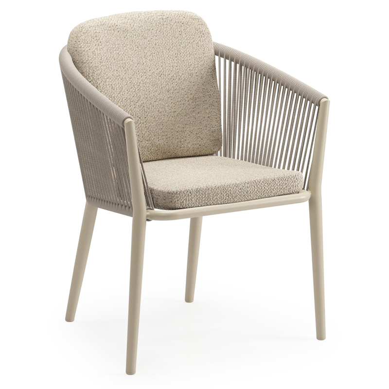 Orso tuinstoel in beige aluminium en beige verticaal geweven ronde rope met luxe zitkussen in All Weather Cosytica Bora Forest