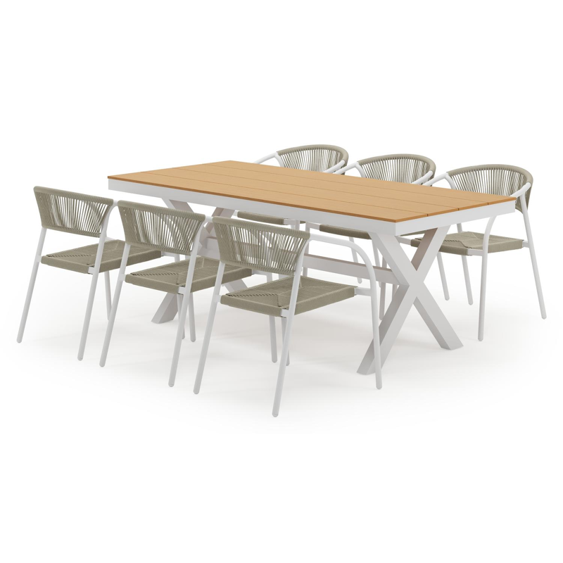 Bahia tuinset in wit aluminium en polywood met 6 stapelbare Melo tuinstoelen