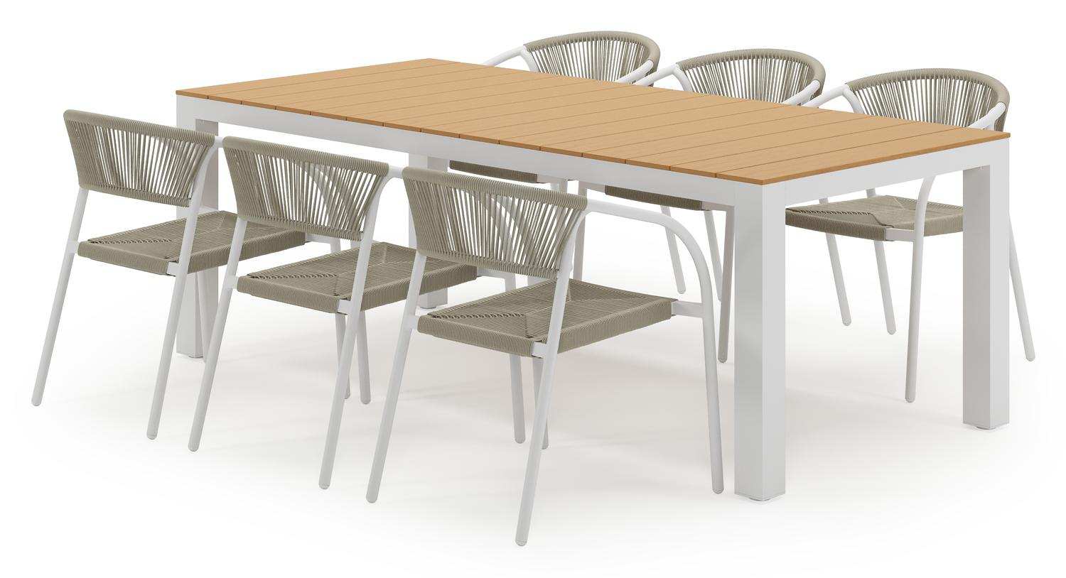 Calzo tuinset in wit aluminium en polywood met 6 stapelbare Melo tuinstoelen