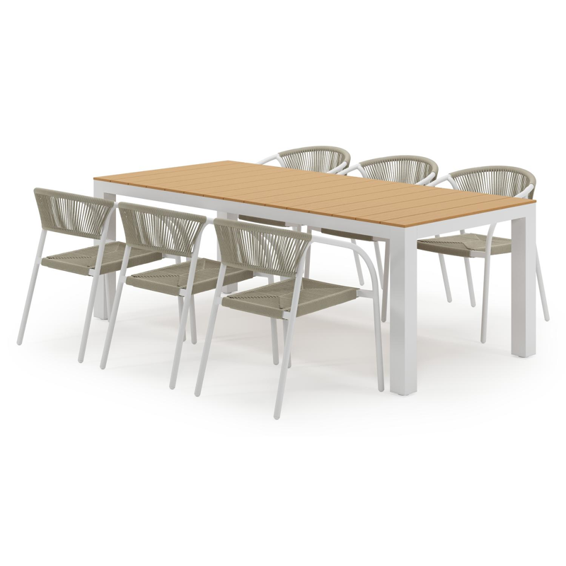 Calzo tuinset in wit aluminium en polywood met 6 stapelbare Melo tuinstoelen