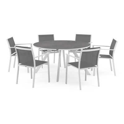 Viaro tuinset in wit aluminium en grijs volkeramiek tafelblad met 6 stapelbare Bareto tuinstoelen
