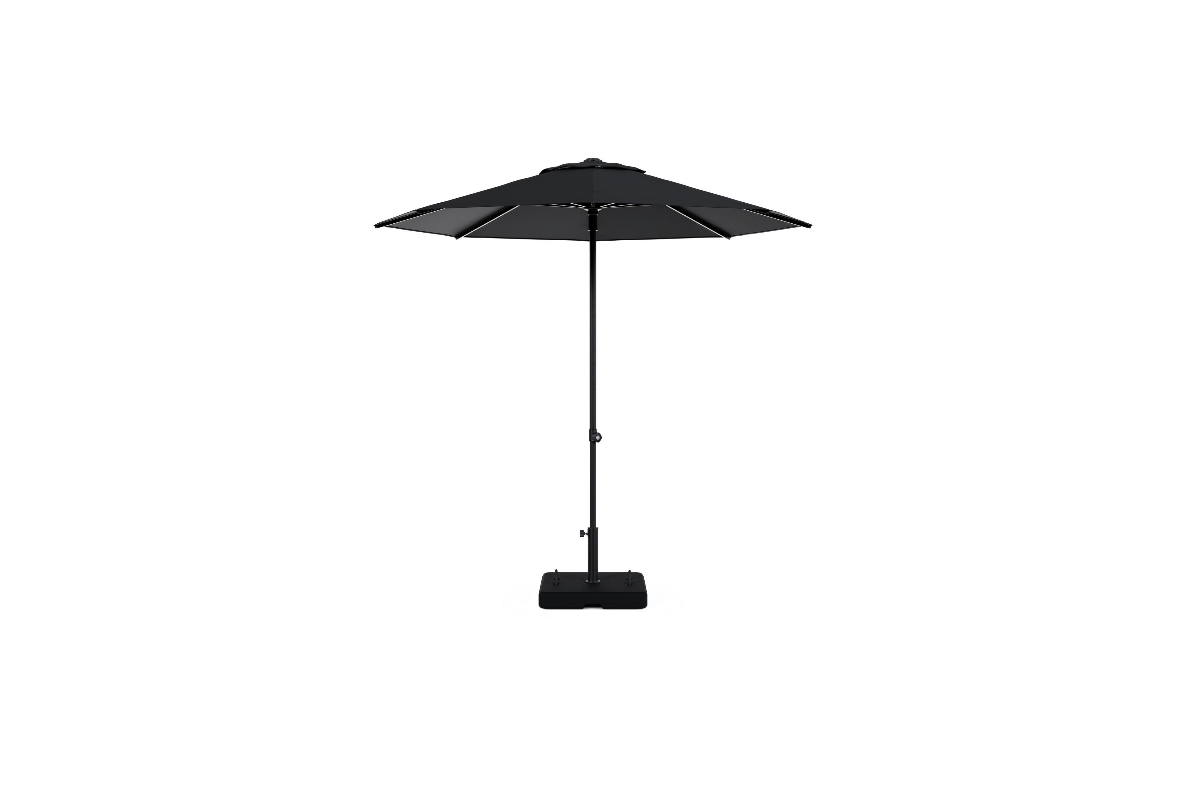 Umbria staanparasol in zwart aluminium en zwart All Weather Sunbrella® Premium parasoldoek - Dia. 250 cm met parasolvoet Intenso 60 kg