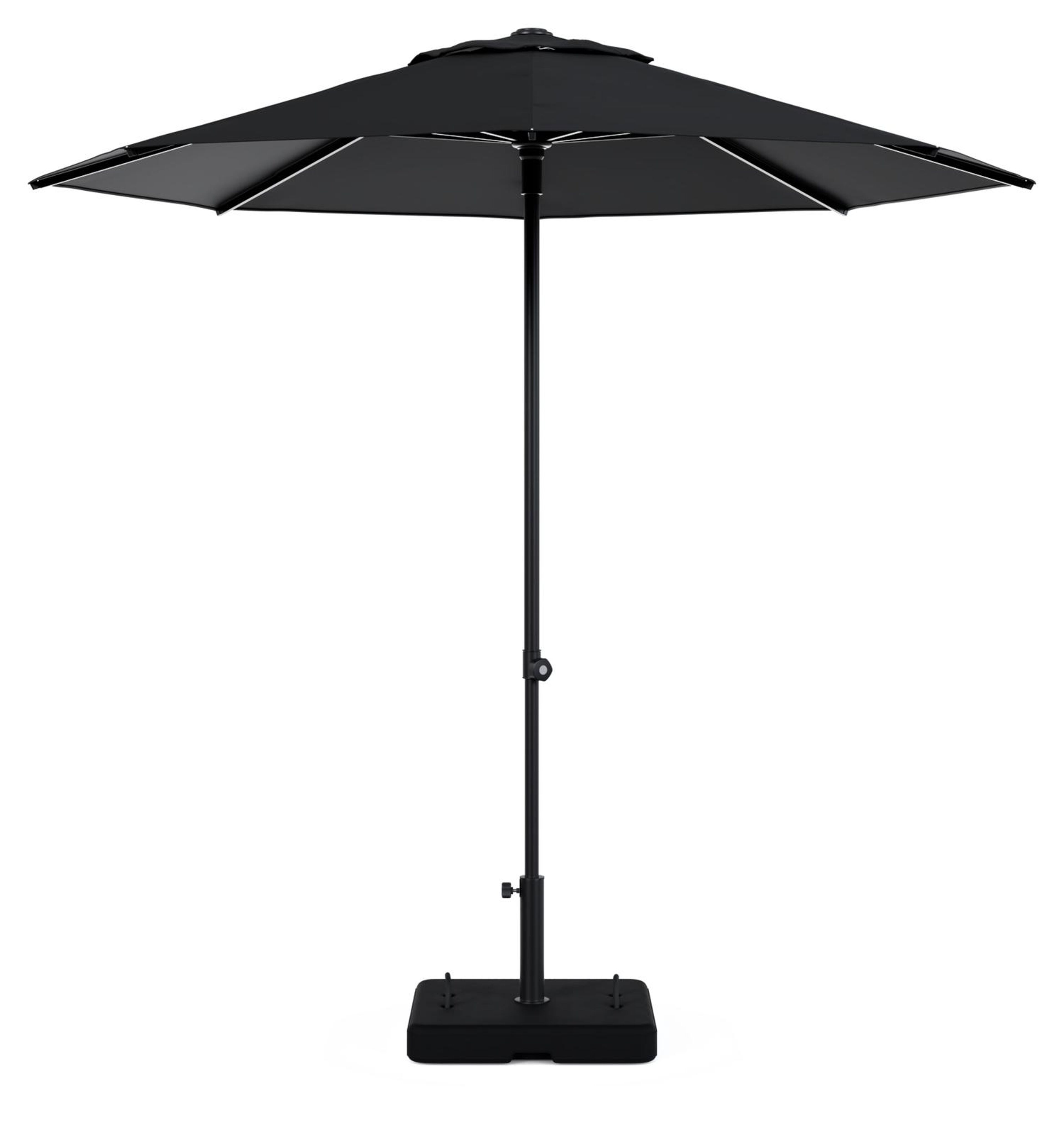Umbria staanparasol in zwart aluminium en zwart All Weather Sunbrella® Premium parasoldoek - Dia. 250 cm met parasolvoet Intenso 60 kg