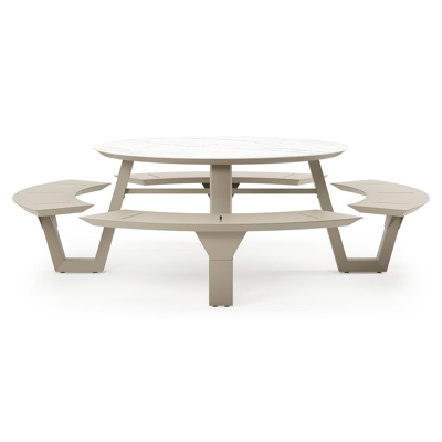 Rondino picknicktafel rond in beige aluminium en volkeramiek Calacatta - Dia. 148 x H 71.5 cm