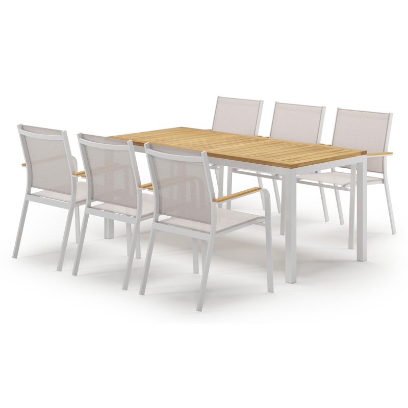 Ensemble de jardin Feltro en aluminium blanc et teck avec 6 chaises de jardin empilable Amalfi