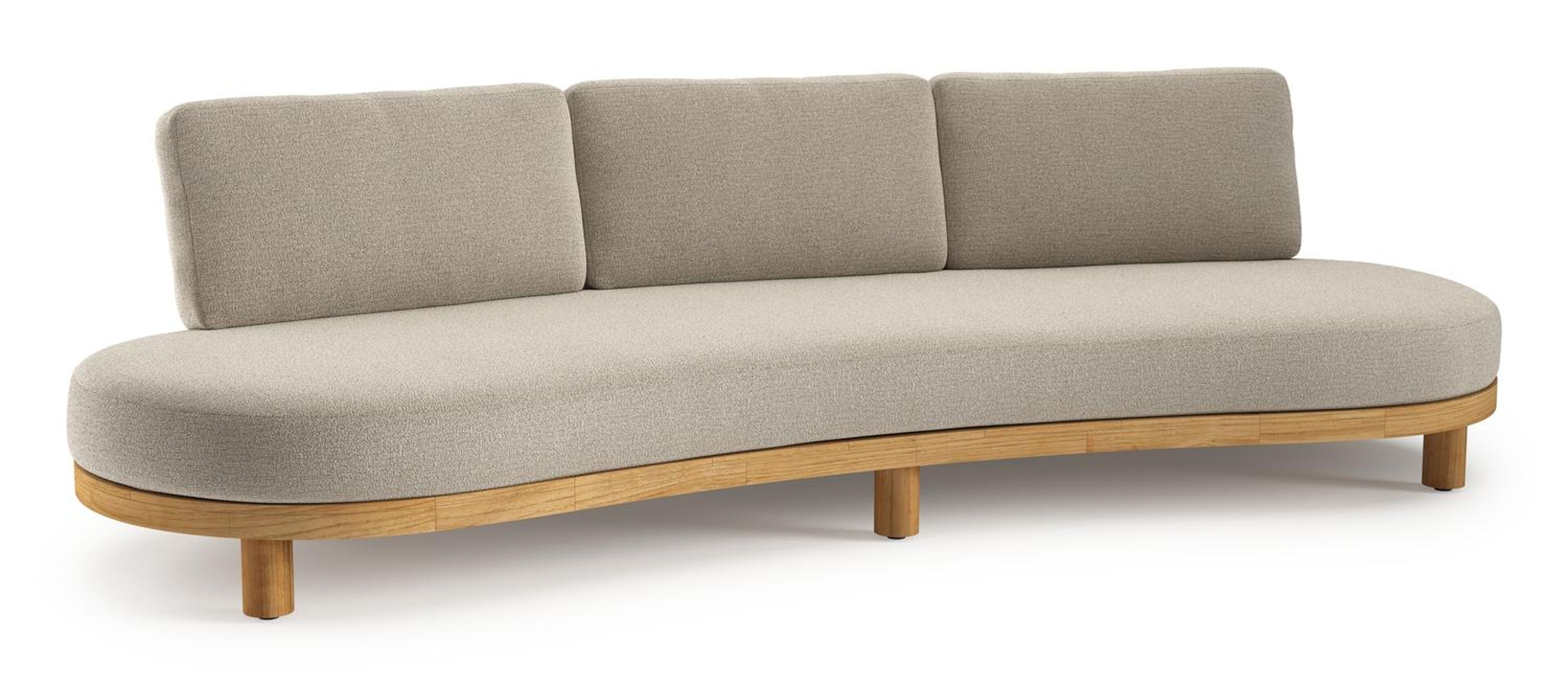 Donato loungebank in teak en beige verticaal geweven ronde rope met all weather cosytica Catania Sand kussen