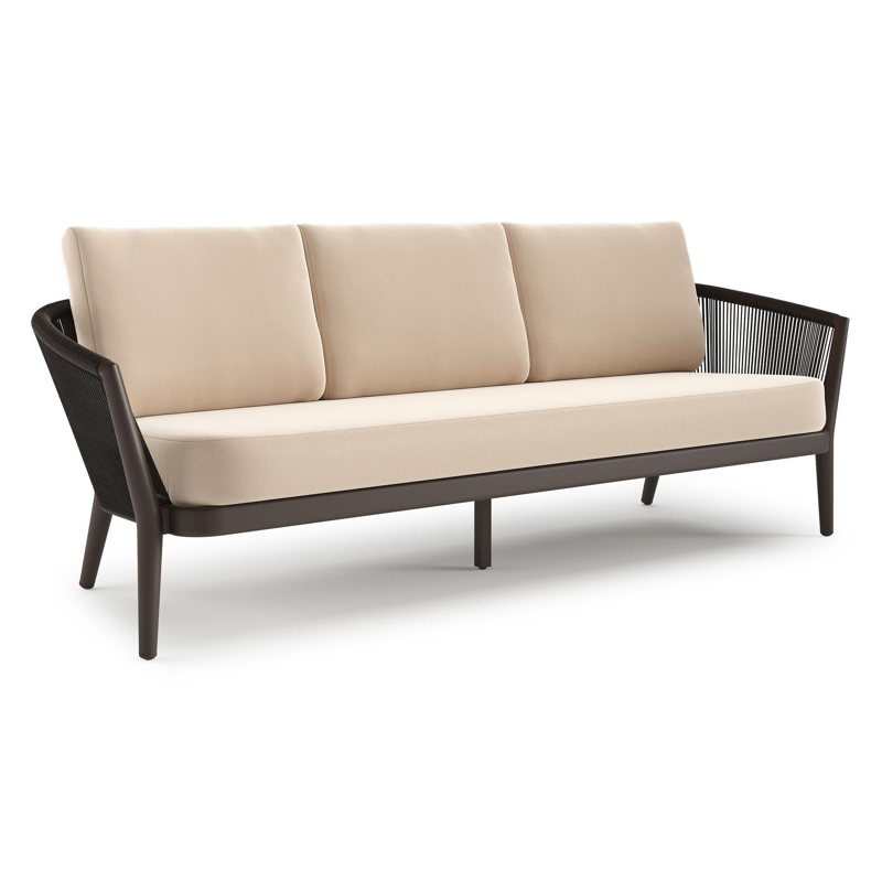 Orso loungebank in donkerbruin aluminium en donkerbruin verticaal geweven ronde rope met Natte Linen Chalk all weather sunbrella® luxe kussen