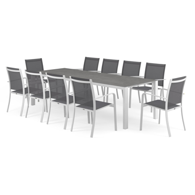 Ensemble de jardin Trente en aluminium blanc avec plateau de table en céramique pleine gris et 10 chaises de jardin empilables Calobra