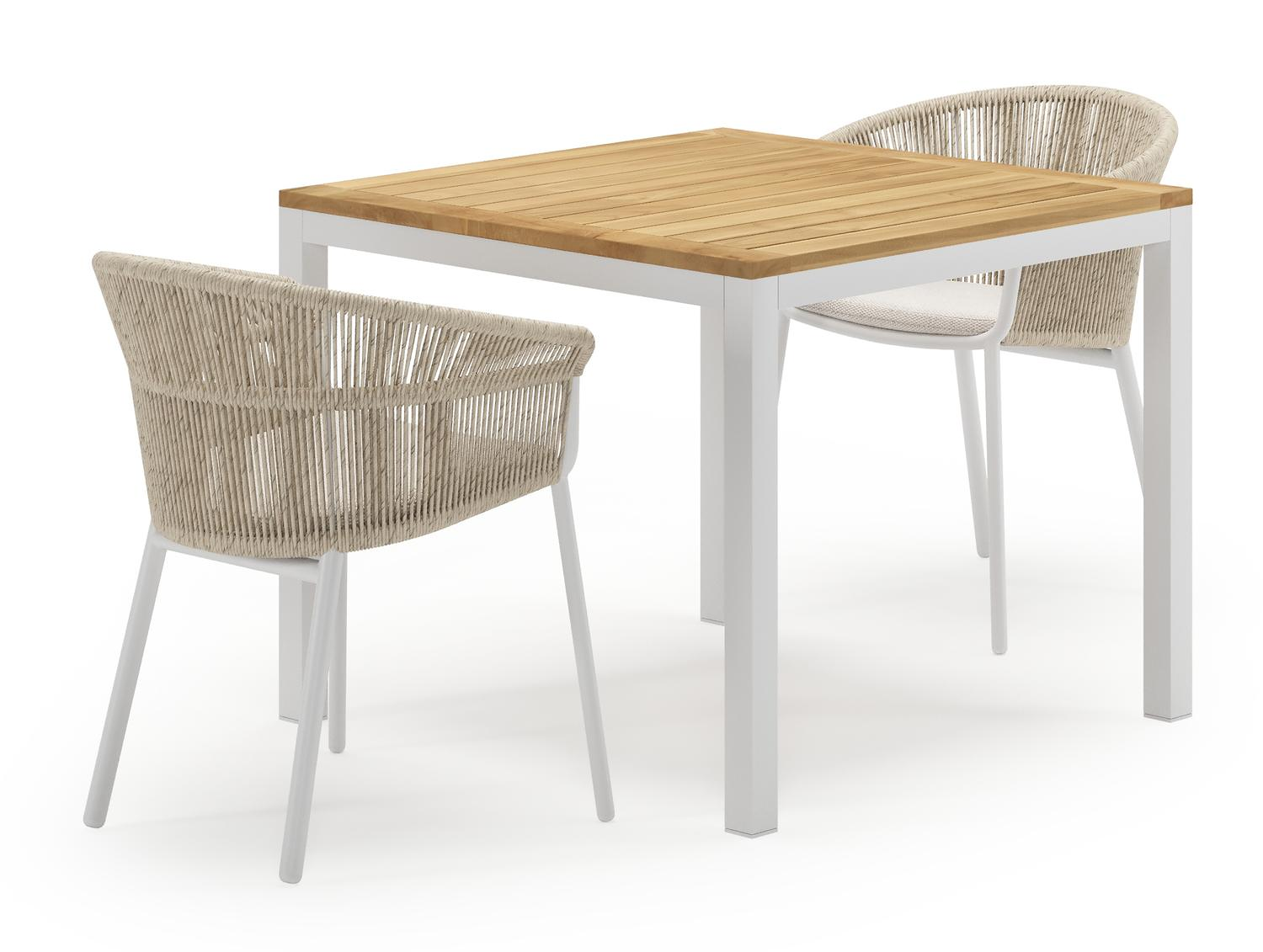 Ensemble de jardin Feltro en aluminium blanc et teck Natural Finish avec 2 chaises de jardin Matera