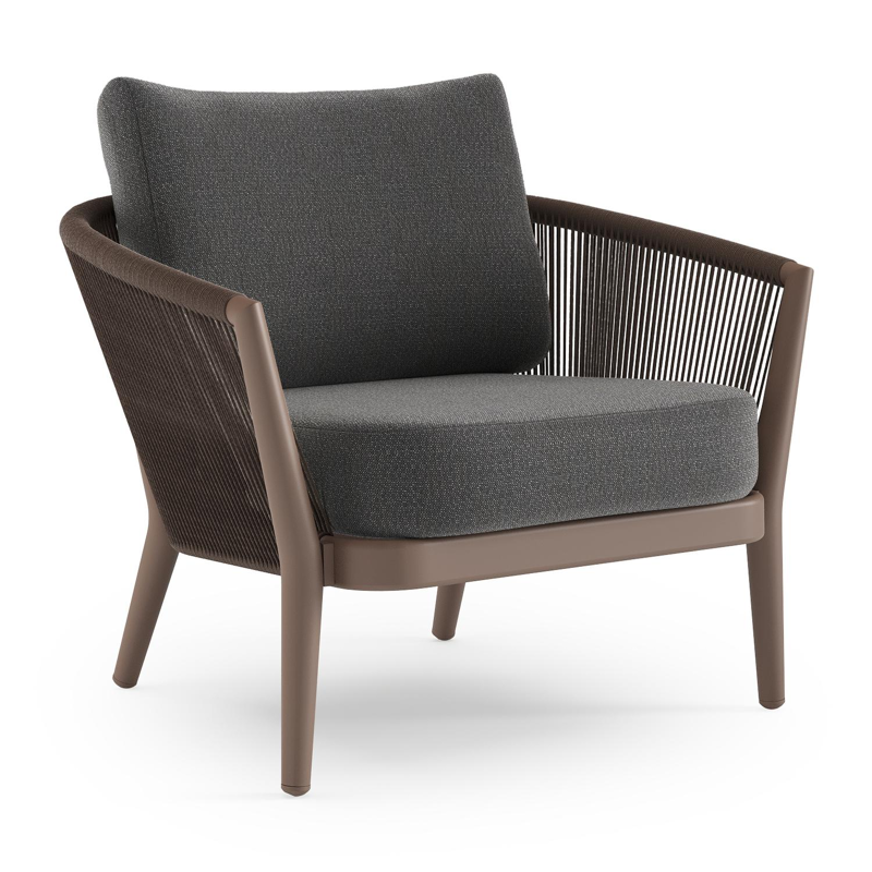 Fauteuil de jardin Orso en aluminium taupe en corde ronde tissée verticalement noir et coussins en all weather sunbrella® luxe Savane Tornado