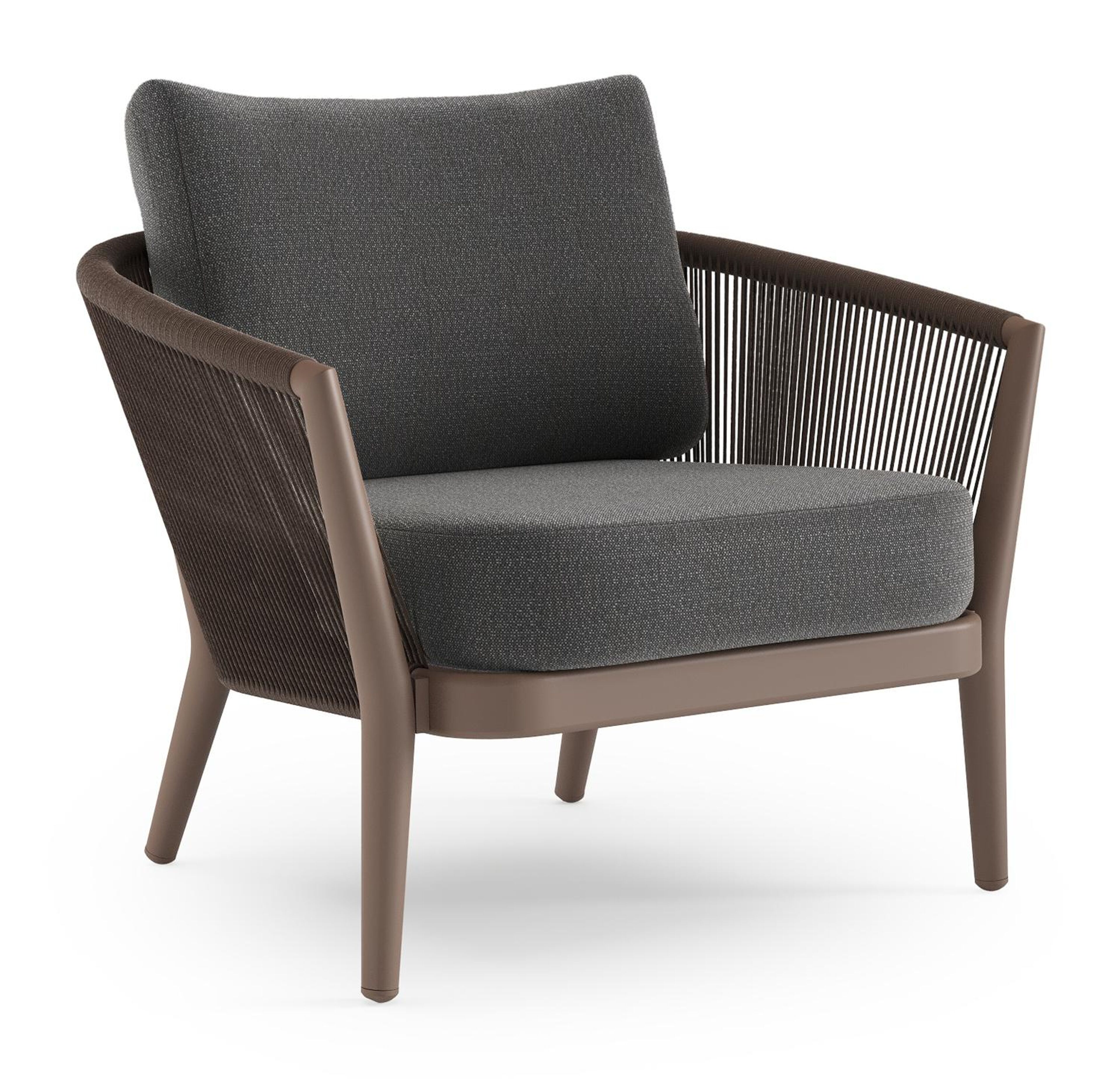 Orso loungestoel in taupe aluminiumen zwart verticaal geweven ronde rope met Savane Tornado all weather sunbrella® luxe kussen