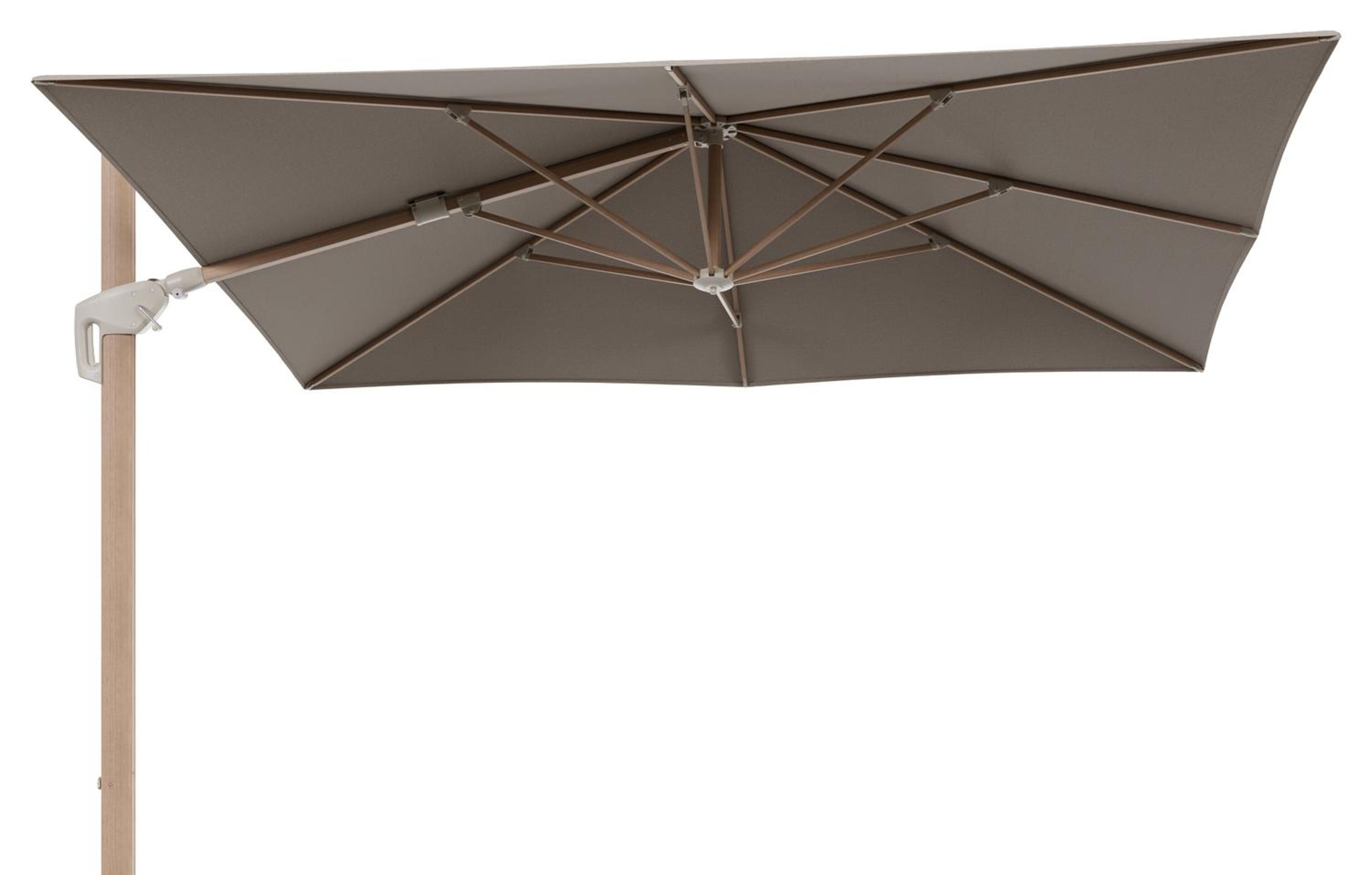 Minore zweefparasol met tiltfunctie in houtlook aluminium en Savane Coconut All Weather Sunbrella® Luxe parasoldoek - L1: 280 x L2: 370 cm (zonder voet) (zonder voet)