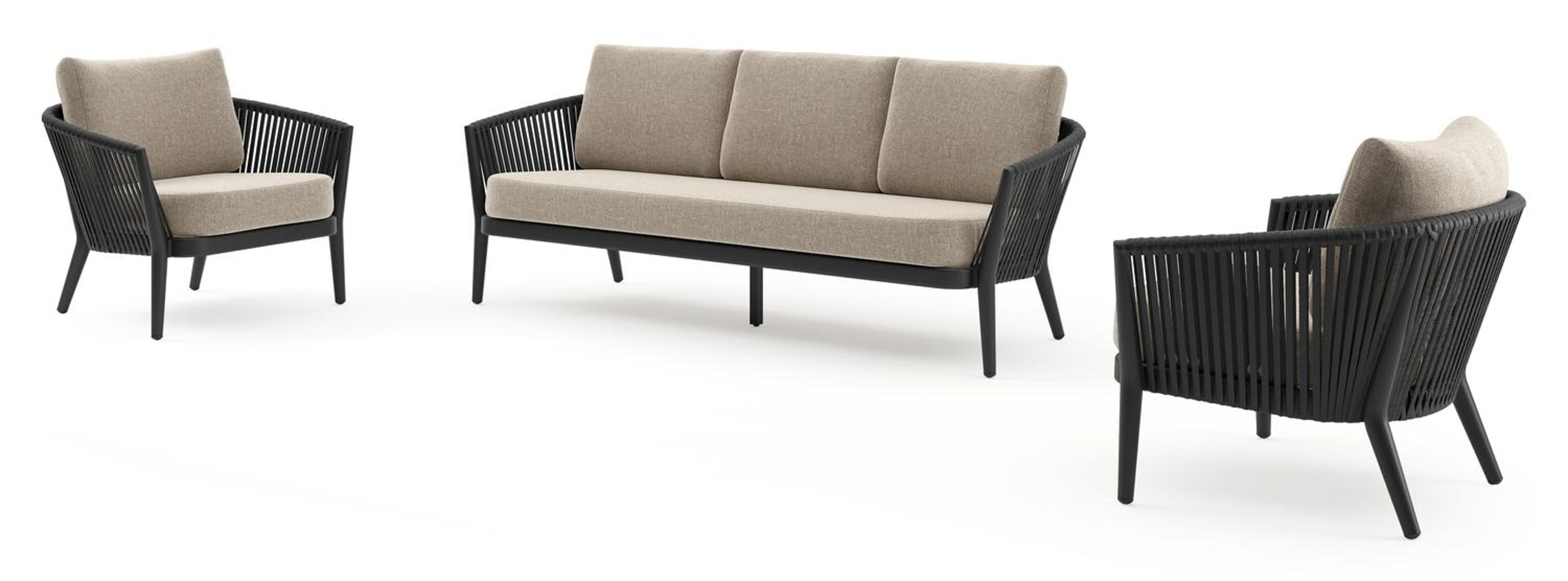 Salon de jardin Orso en aluminium noir en corde luxe plate tissée verticalement noir et coussins en all weather sunbrella® luxe Chartres Pewter