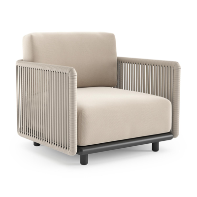 Organo loungestoel in zwart aluminium en beige verticaal geweven luxe vlakke rope met lopi antique all weather Sunbrella® luxe kussen