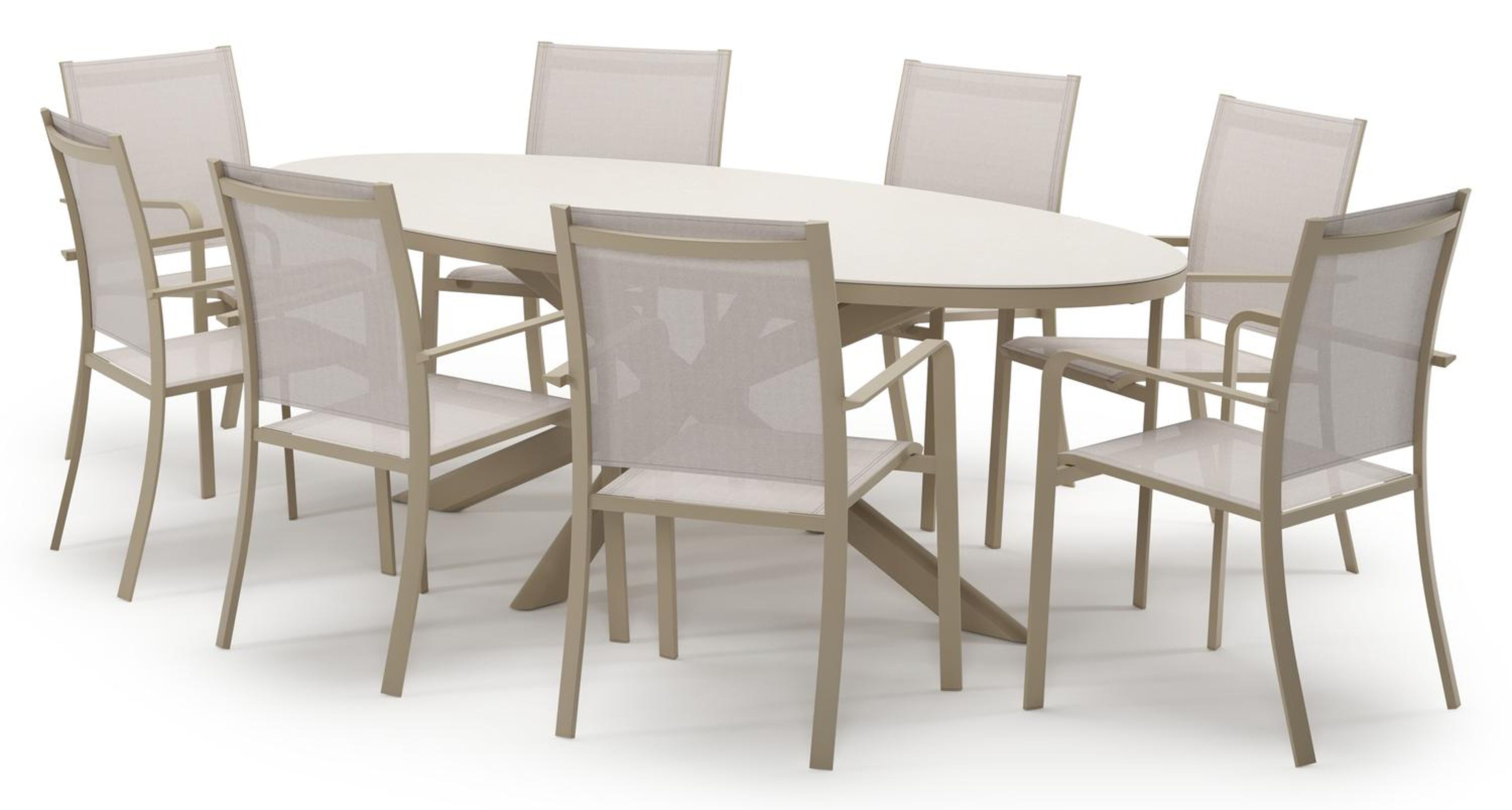 Pamplona tuinset in beige aluminium en crema minerale sintered stone met 8 stapelbare Calobra tuinstoelen