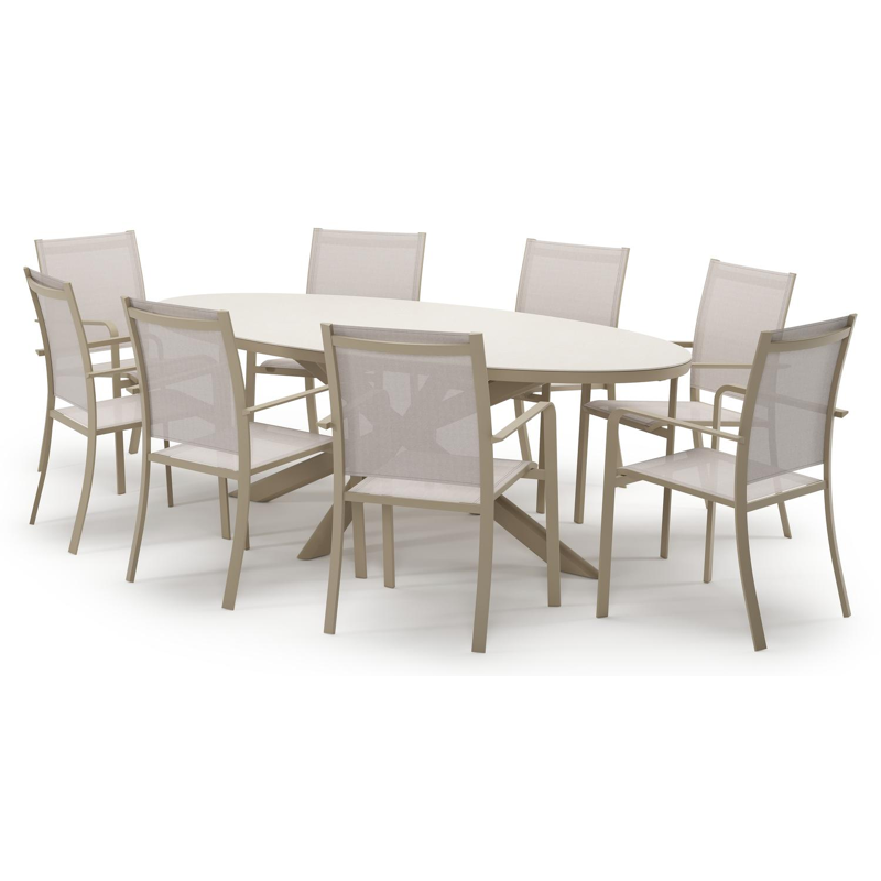 Pamplona tuinset in beige aluminium en crema minerale sintered stone met 8 stapelbare Calobra tuinstoelen
