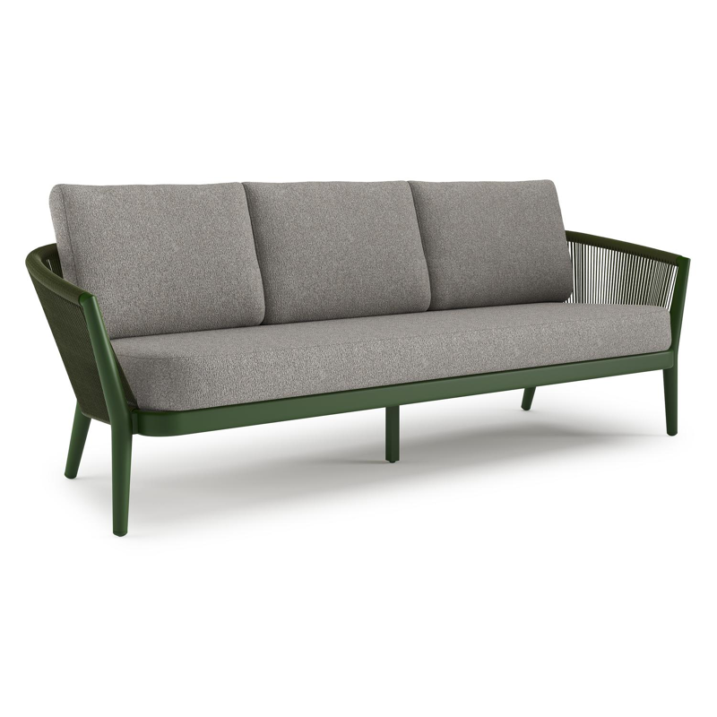 Orso loungebank in groen aluminium en groen verticaal geweven ronde rope met Tundra Charcoal all weather sunbrella® luxe kussen