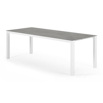 Ensemble de jardin Trente en aluminium blanc avec plateau de table en céramique pleine gris et 6 chaises de jardin empilables Calobra