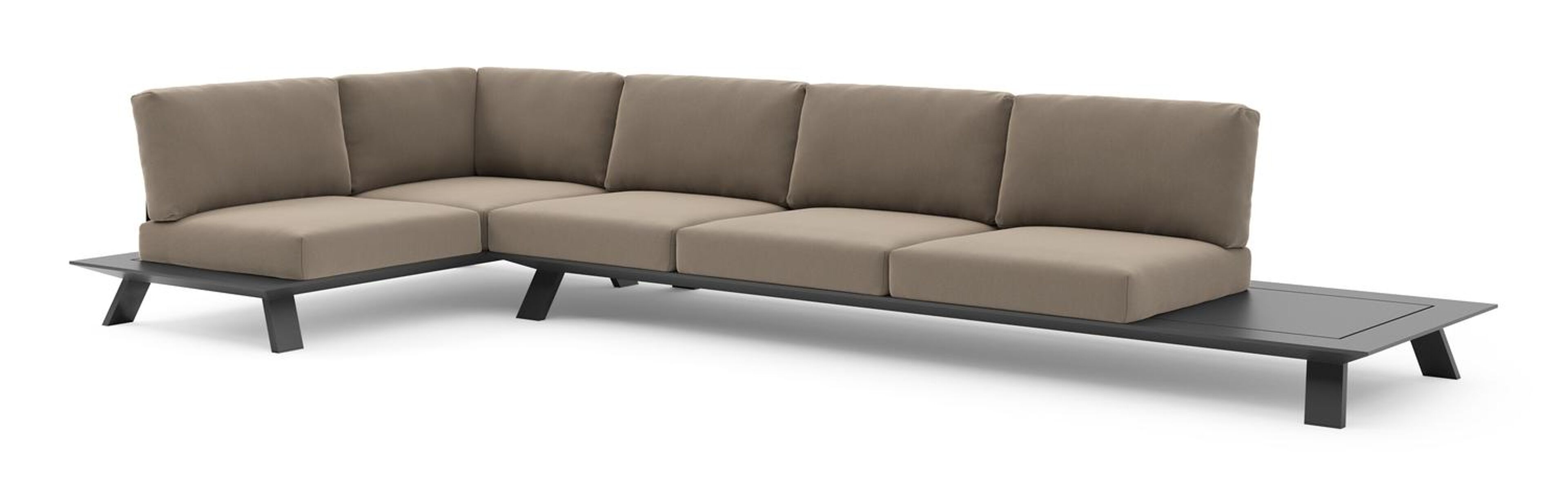 Salon de jardin d'angle Cesano en aluminium noir et coussin en all weather Sunbrella® luxe natte heather grey