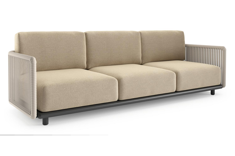 Organo loungebank in zwart aluminium en beige verticaal geweven luxe vlakke rope met althea camel all weather Cosytica kussen