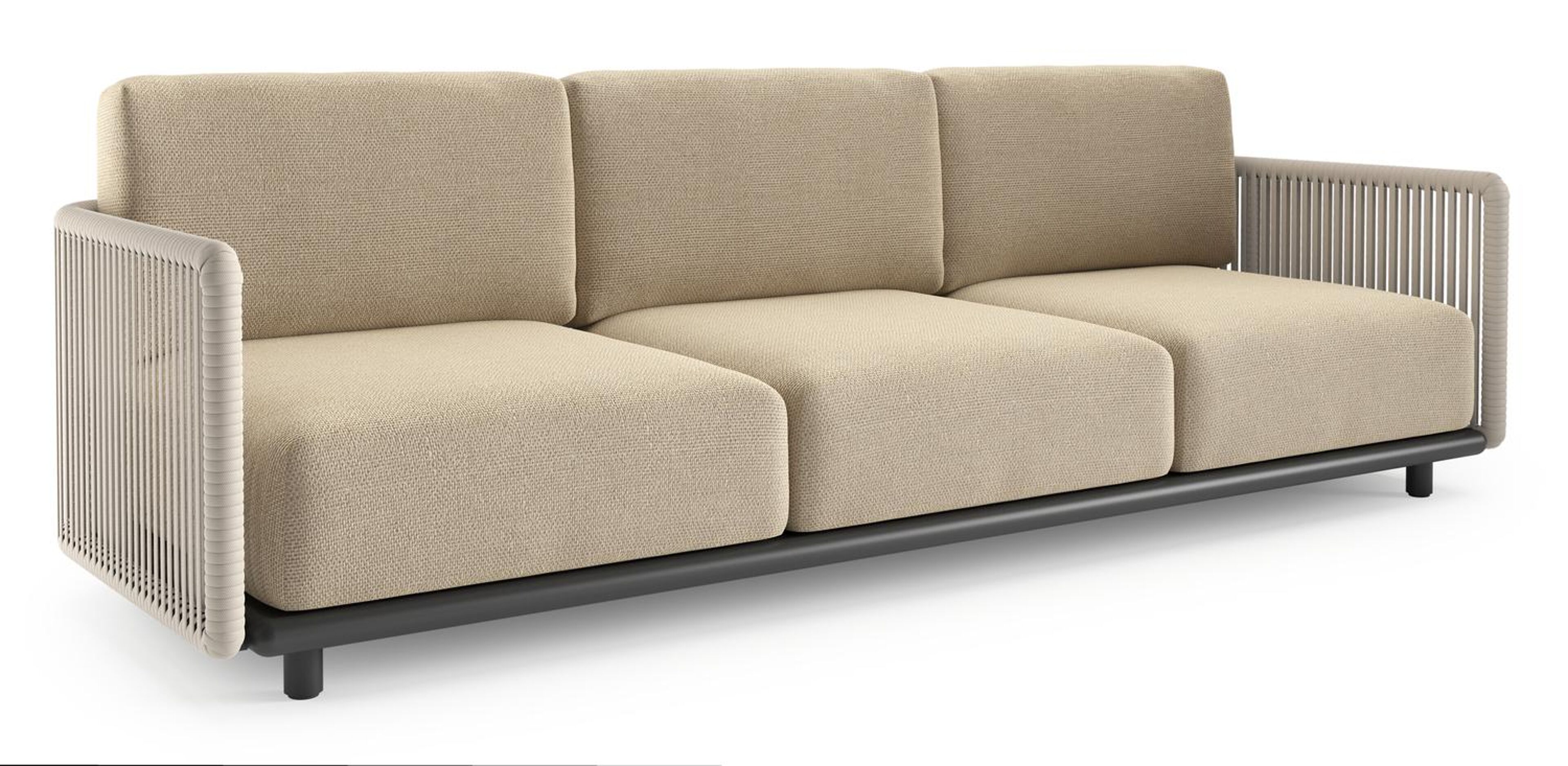 Organo loungebank in zwart aluminium en beige verticaal geweven luxe vlakke rope met althea camel all weather Cosytica kussen