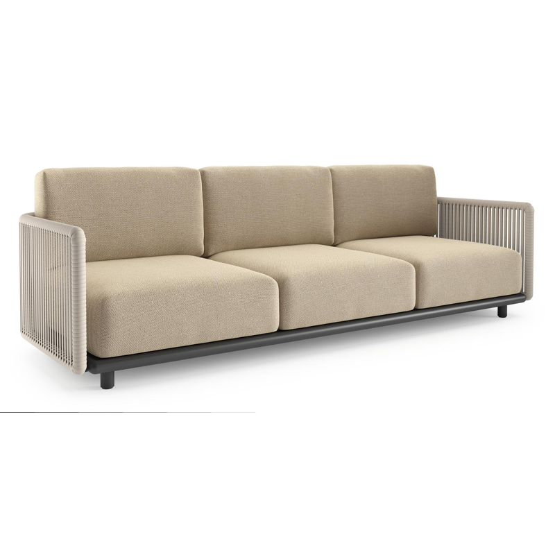 Organo loungebank in zwart aluminium en beige verticaal geweven luxe vlakke rope met althea camel all weather Cosytica kussen