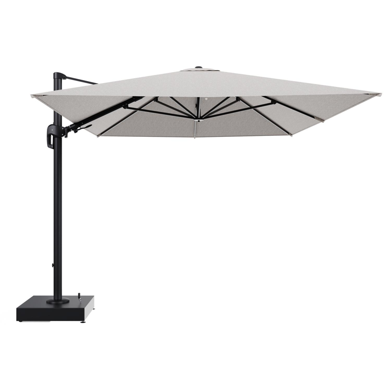 Rufina zweefparasol met tiltfunctie in zwart aluminium en Tundra Sand All Weather Sunbrella® Luxe parasoldoek - L1 400 x L2 300 cm met parasolvoet Minore 150 kg met wielen