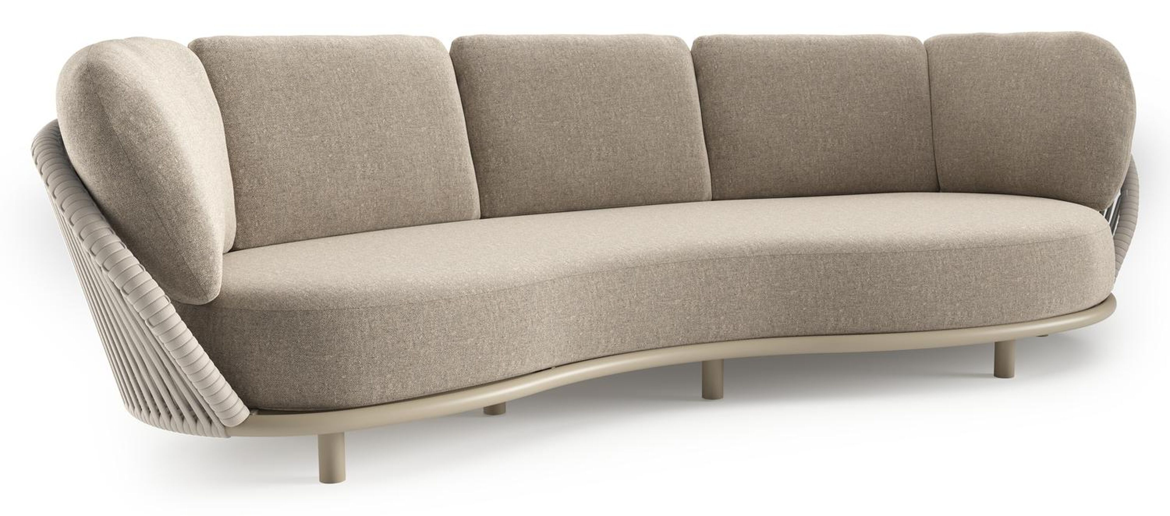 Canapé de jardin Lupino en aluminium beige et corde large plate de luxe tissée verticalement beige et coussins en all weather sunbrella® luxe chartres pewter