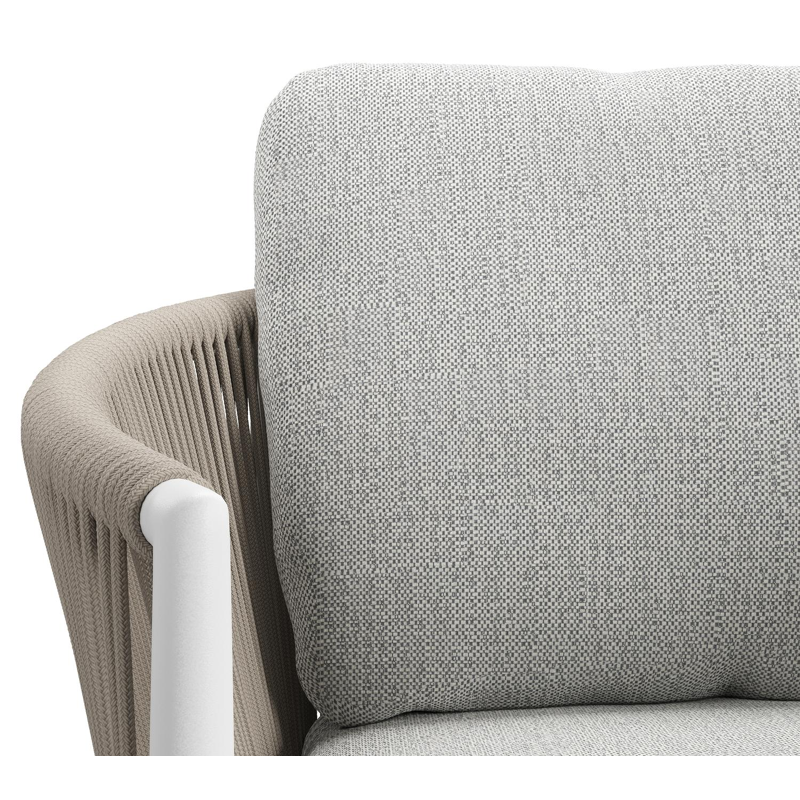 Organo tuinstoel in beige aluminium en beige verticaal geweven ronde rope met stoelkussen in All Weather Sunbrella® Luxe Savane Nimbus