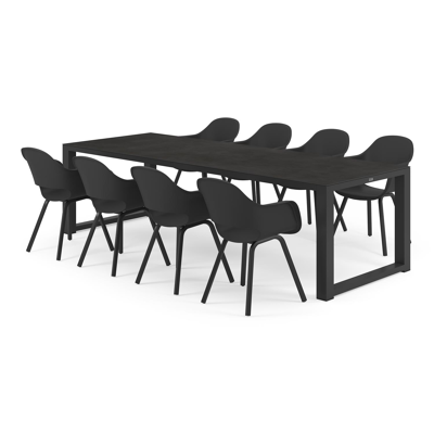Ensemble de jardin Livo en aluminium noir avec plateau de table en céramique pleine noir et 8 chaises de jardin Artena