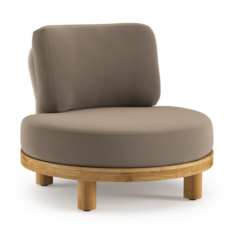 Donato loungestoel in teak en beige verticaal geweven ronde rope met all weather sunbrella® luxe Natte Heather Grey kussen