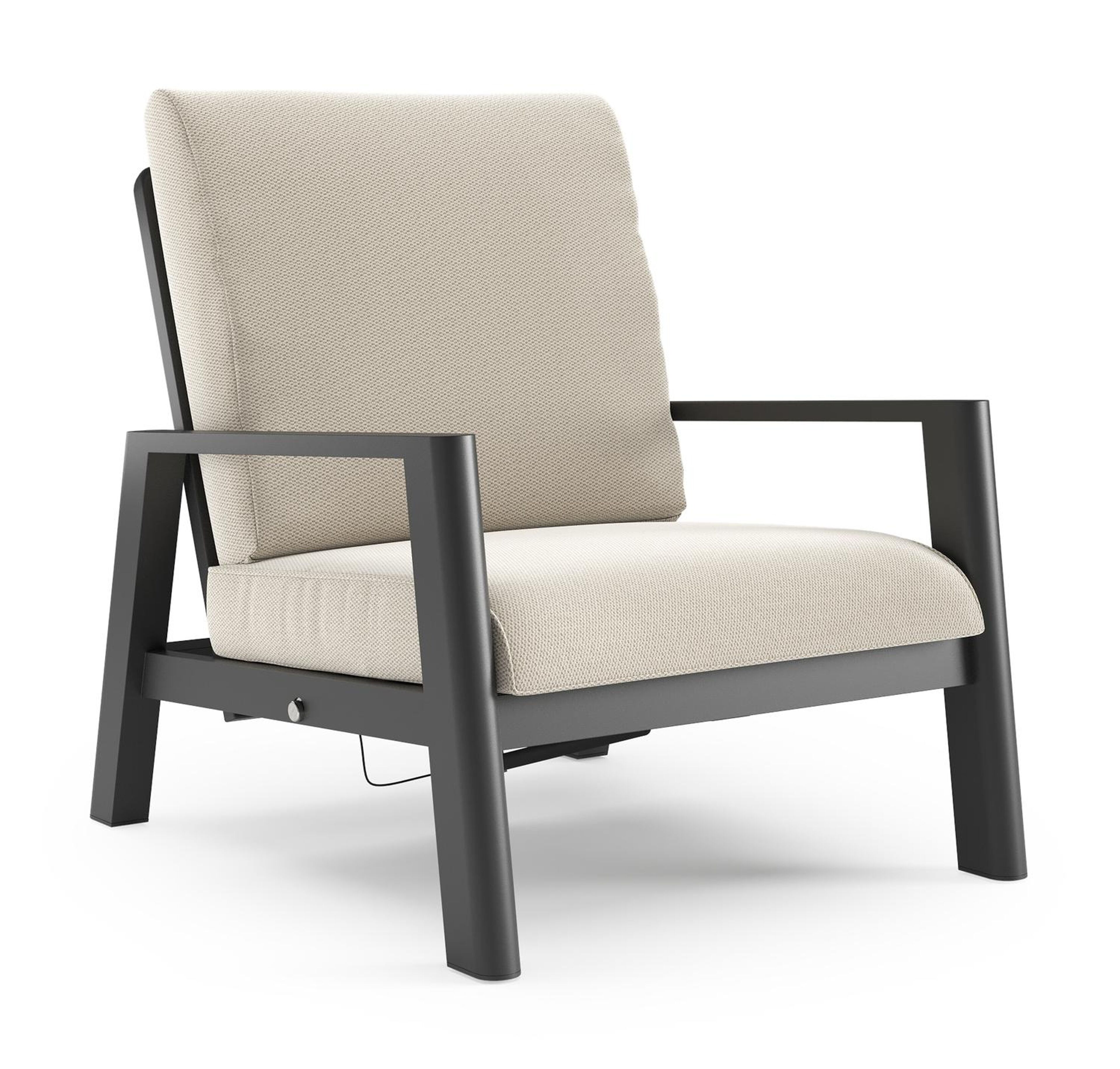 Fauteuil de jardin Cirello en aluminium noir et coussins en all weather sunbrella® luxe lopi marble