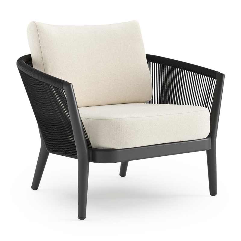 Orso loungestoel in zwart aluminium en zwart verticaal geweven ronde rope met Natte White all weather sunbrella® luxe kussen