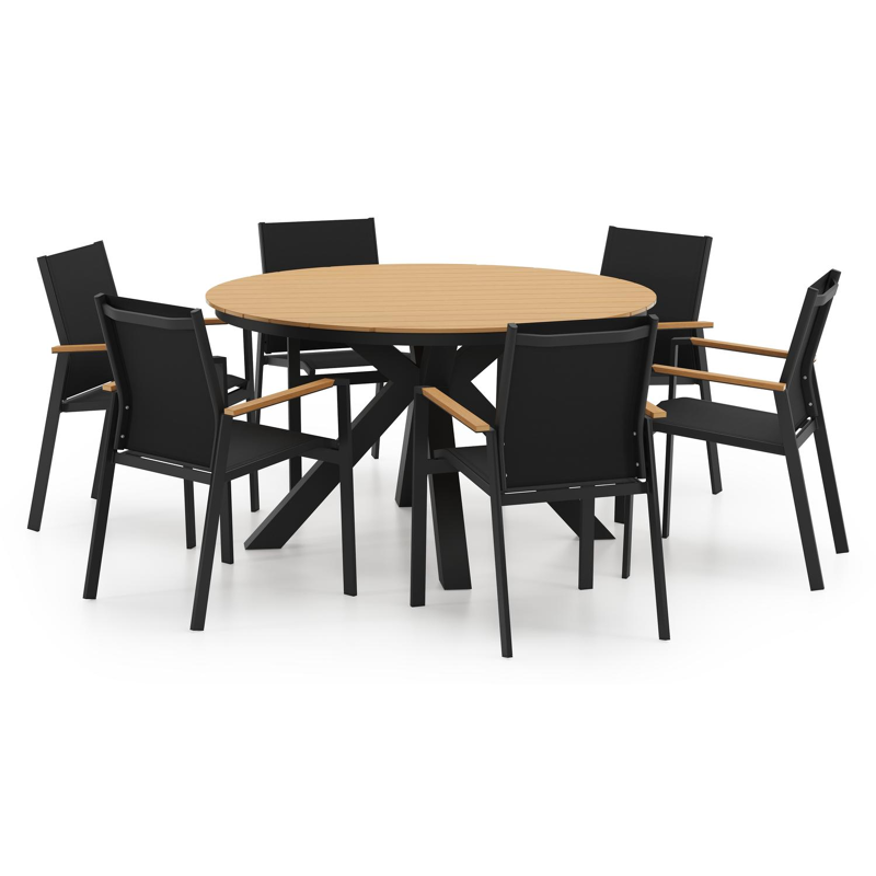 Tora tuinset in zwart aluminium en polywood met 6 Bahia polywood tuinstoelen