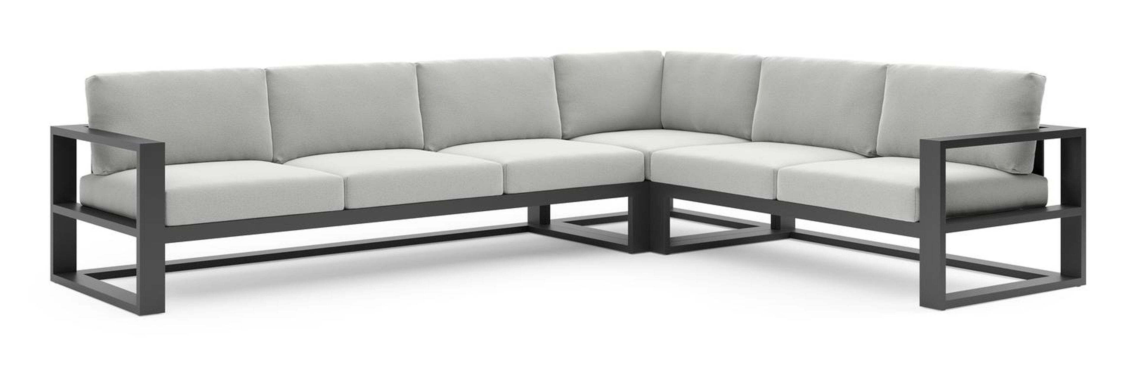 Salon de jardin d'angle Verato en aluminium noir et coussins en all weather sunbrella® luxe natte grey chine