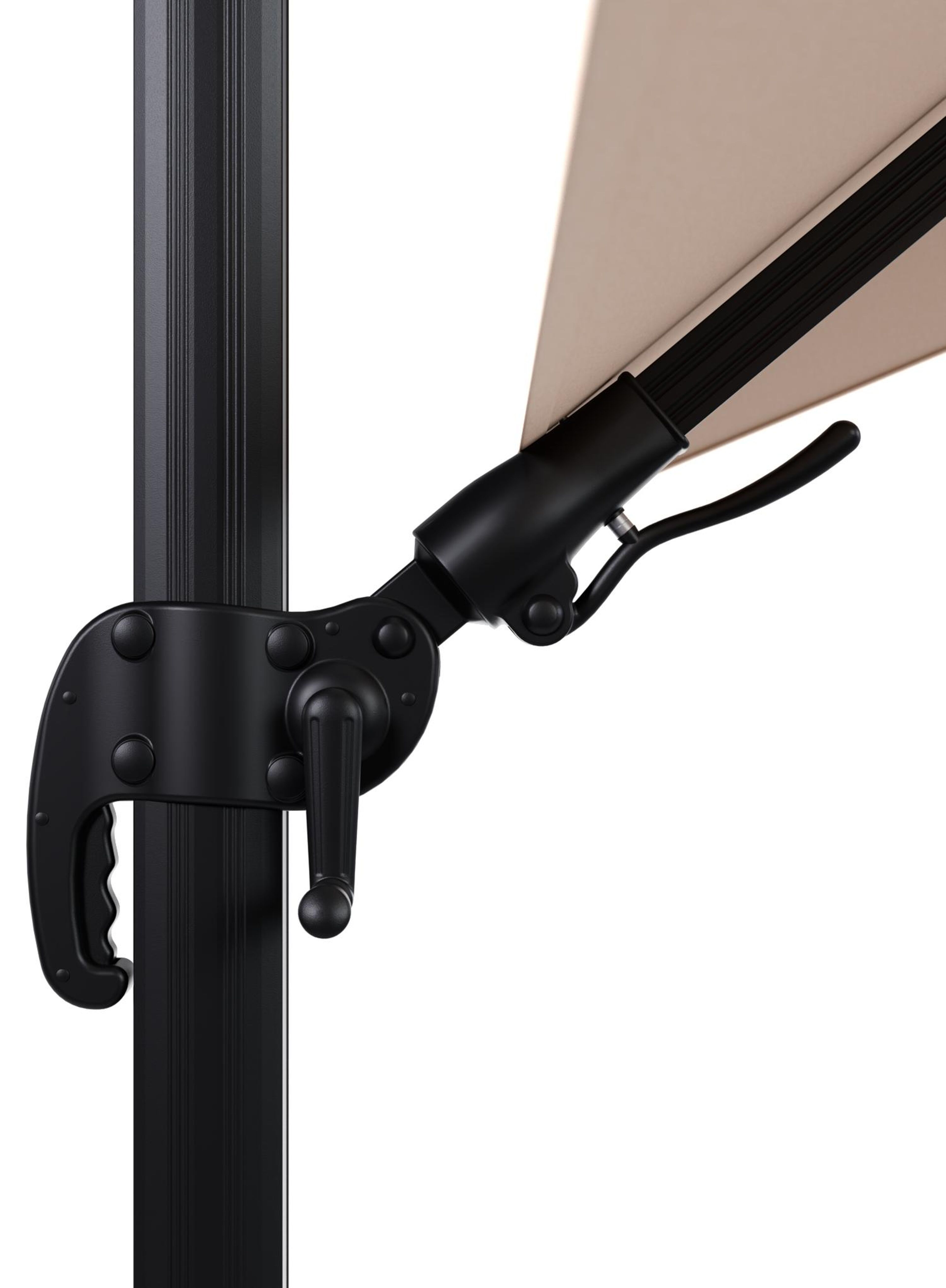 Avola zweefparasol met tiltfunctie in zwart aluminium en Natte Linen Chalk Sunbrella Premium parasoldoek - L1 200 x L2 300 cm met parasolvoet Avola 90 kg