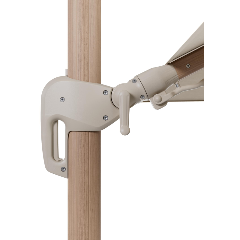 Rufina zweefparasol met tiltfunctie in aluminium houtlook en Sunbrella Premium beige - L1 300 x L2 300 cm met parasolvoet met parasolvoet Lapido 120 kg