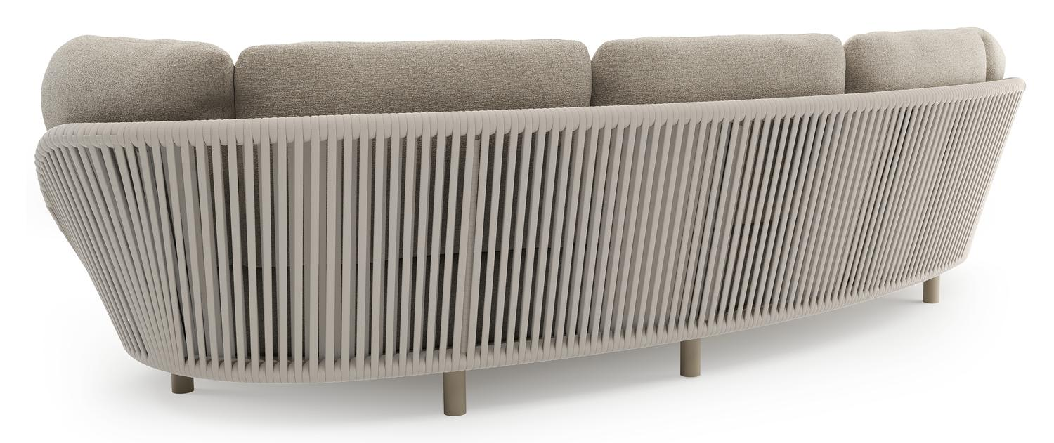 Lupino loungebank in beige aluminium en beige verticaal geweven luxe vlakke brede rope met catania sand all weather cosytica kussen