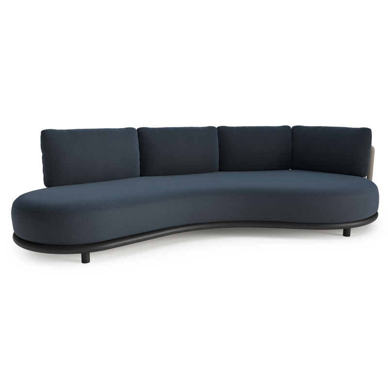 Lomano loungebank in zwart aluminium en beige verticaal geweven luxe vlakke rope met heritage indigo All Weather Sunbrella® luxe kussen